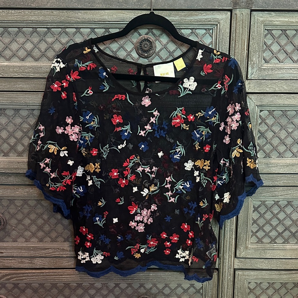 Maeve Black Sheer Floral Embroidered Short Sleeve Top